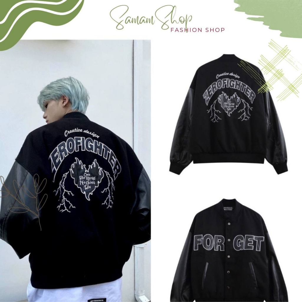 Áo khoác Bomber FORGET nam nữ tay da chất liệu nỉ ép cao cấp, áo khoác phối tay da unisex nam nữ KK2