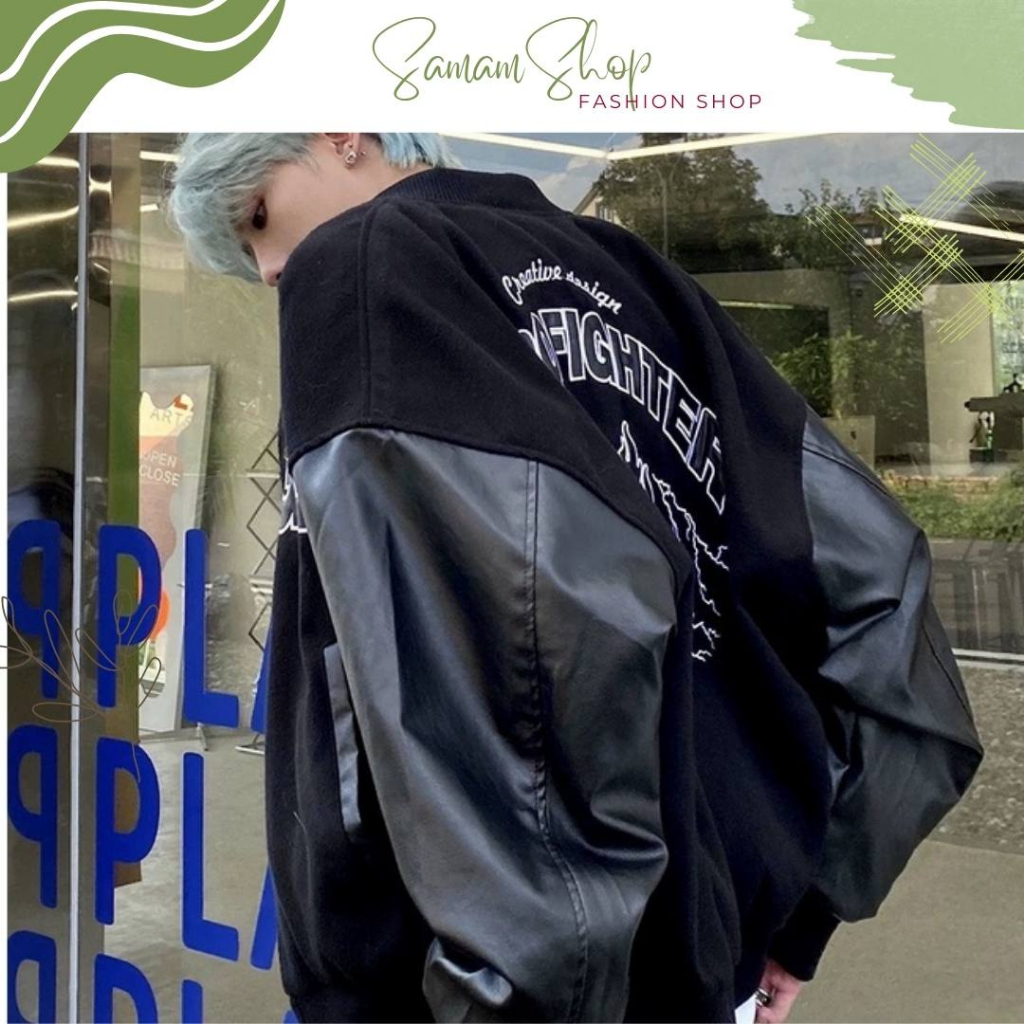 Áo khoác Bomber FORGET nam nữ tay da chất liệu nỉ ép cao cấp, áo khoác phối tay da unisex nam nữ KK2