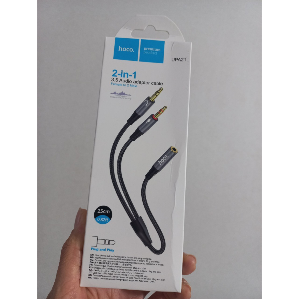 Cáp gộp 2 chân tai nghe chia chân tai nghe 3.5mm Mic + audio hoco UPA21 2in1