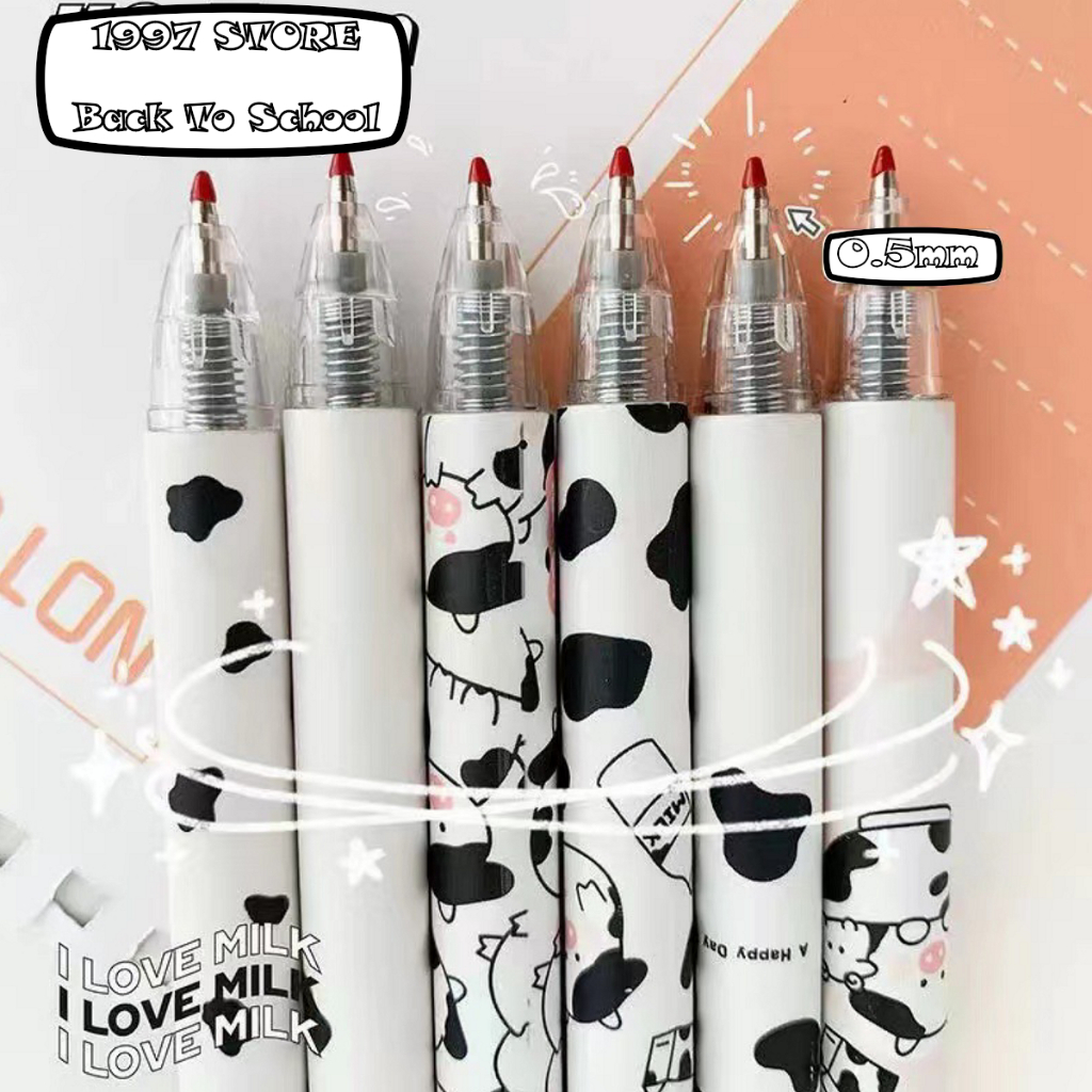 Bút bi bấm gel Bò Sữa Cute mực đen siêu dễ thương, Bút bi bấm gel in hình hoạt hình cute