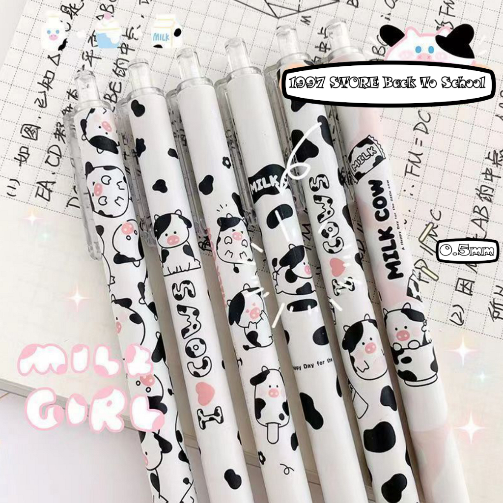 Bút bi bấm gel Bò Sữa Cute mực đen siêu dễ thương, Bút bi bấm gel in hình hoạt hình cute