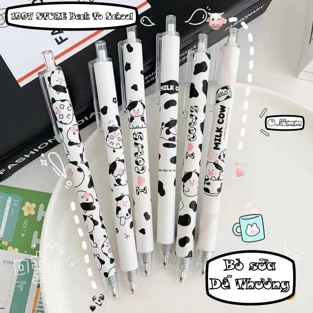 Bút bi bấm gel Bò Sữa Cute mực đen siêu dễ thương, Bút bi bấm gel in hình hoạt hình cute