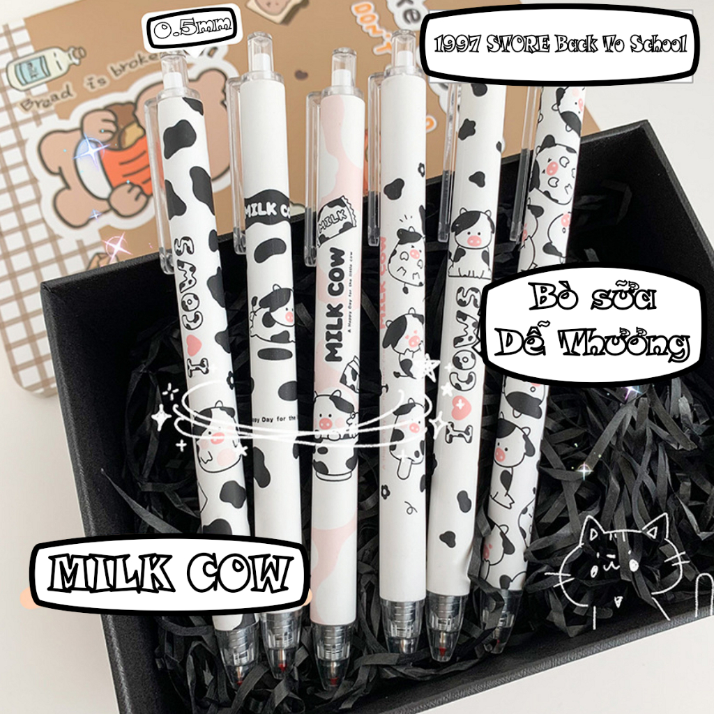 Bút bi bấm gel Bò Sữa Cute mực đen siêu dễ thương, Bút bi bấm gel in hình hoạt hình cute