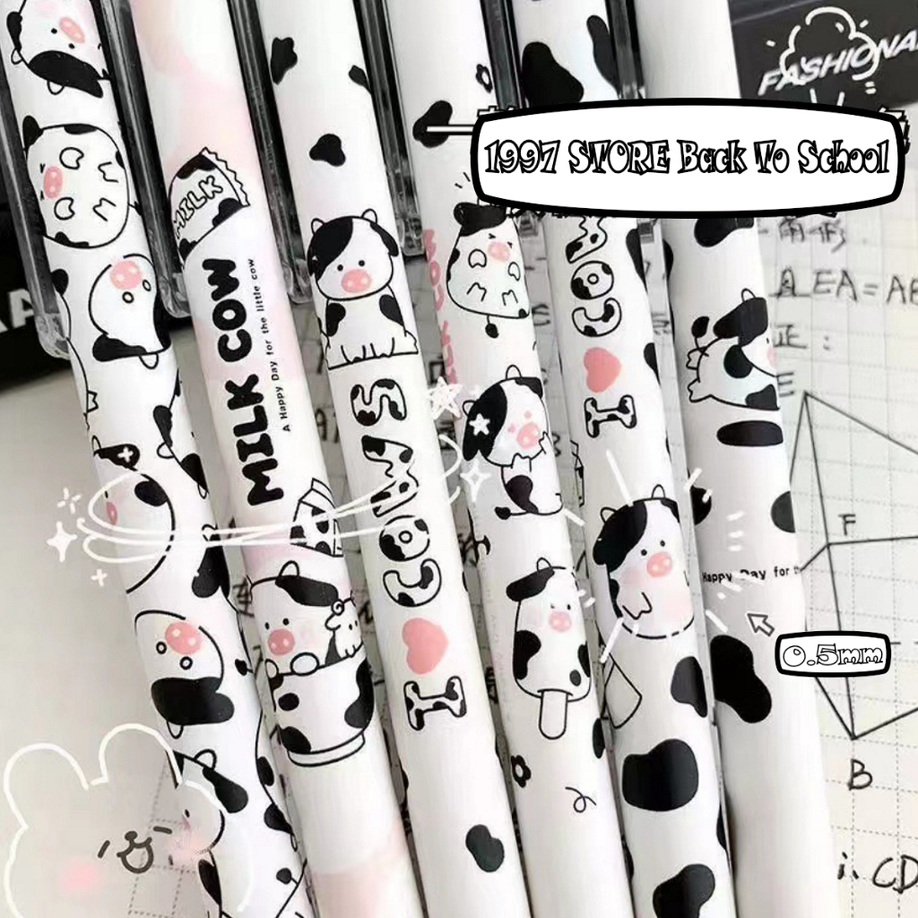 Bút bi bấm gel Bò Sữa Cute mực đen siêu dễ thương, Bút bi bấm gel in hình hoạt hình cute