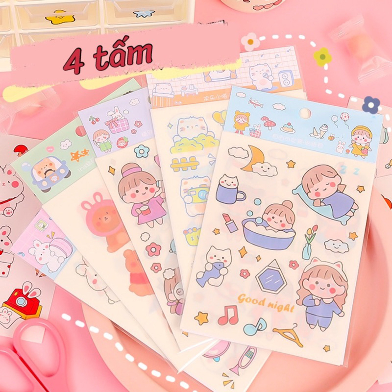 Set 4 tấm Sticker hình dán cute hình cô gái dễ thương nhiều màu sắc