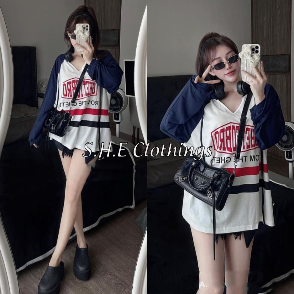 Áo Hoodie Nữ Dài Tay Có Mũ Cổ Tim Phối Màu Tay GETTOBRO Sọc Ngang Áo Nữ Dáng Dài Freesize S656