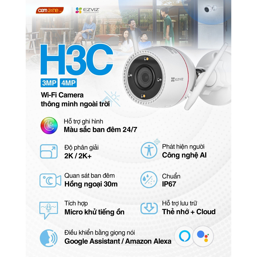 Camera Wifi EZVIZ Ngoài Trời H3c 2MP/4MP 2K+, Hồng Ngoại - Màu Ban Đêm, Chuẩn Chống Nước IP67, H.265, Mic Thu Âm