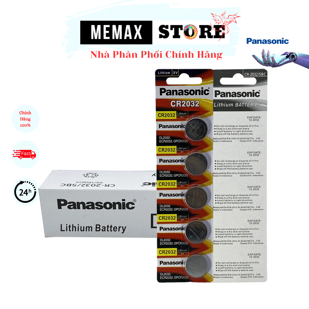 Vỉ 5 viên CR2032 Panasonic 3V. Pin nút áo Lithium Made in Indonesia, Dùng Cho Remote, Đồng Hồ, Đèn Pin