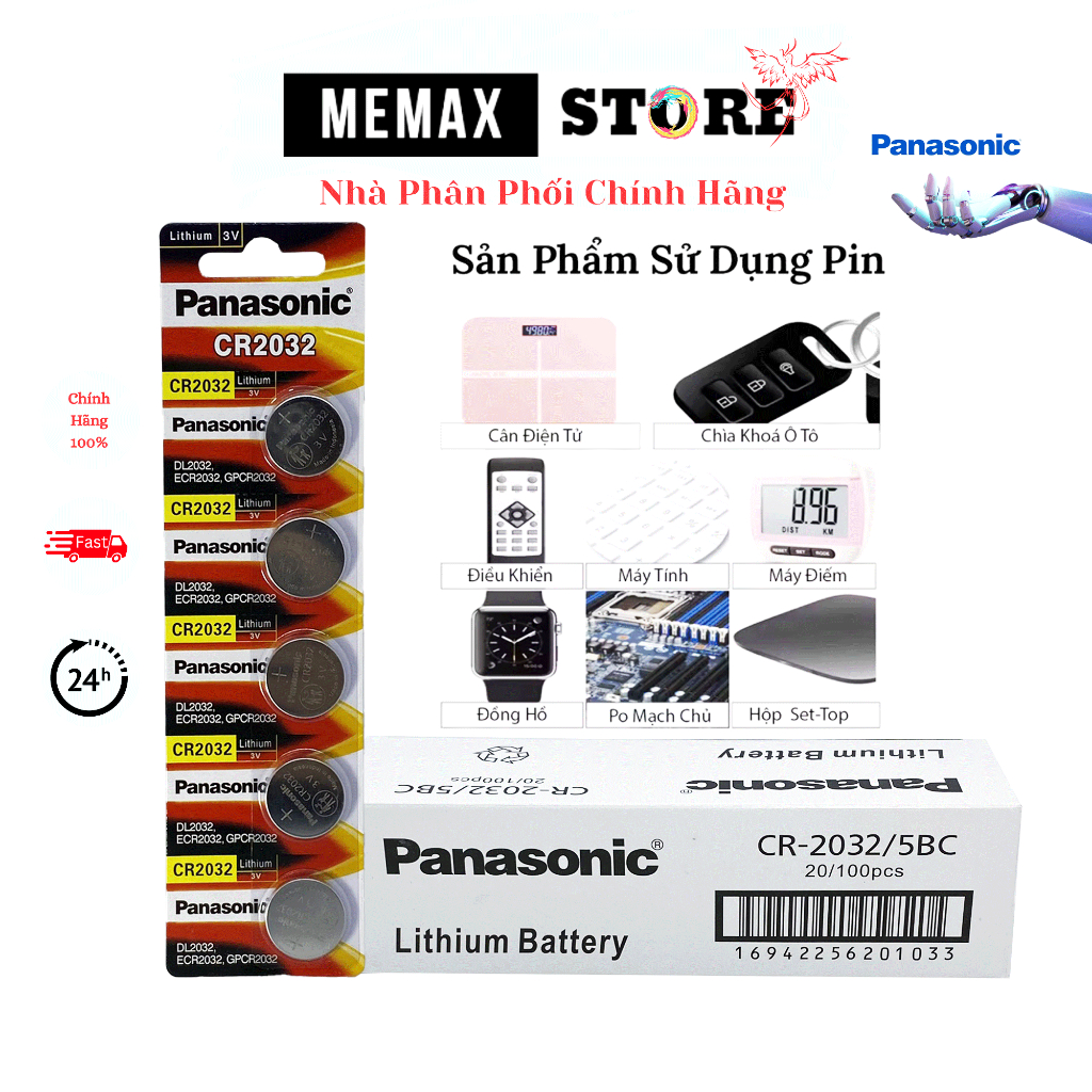 [Vỉ 5 viên] CR2032 Panasonic Lithium 3V Pin nút áo, Dùng Cho Remote, Đồng Hồ, Đèn Pin, Smartkey