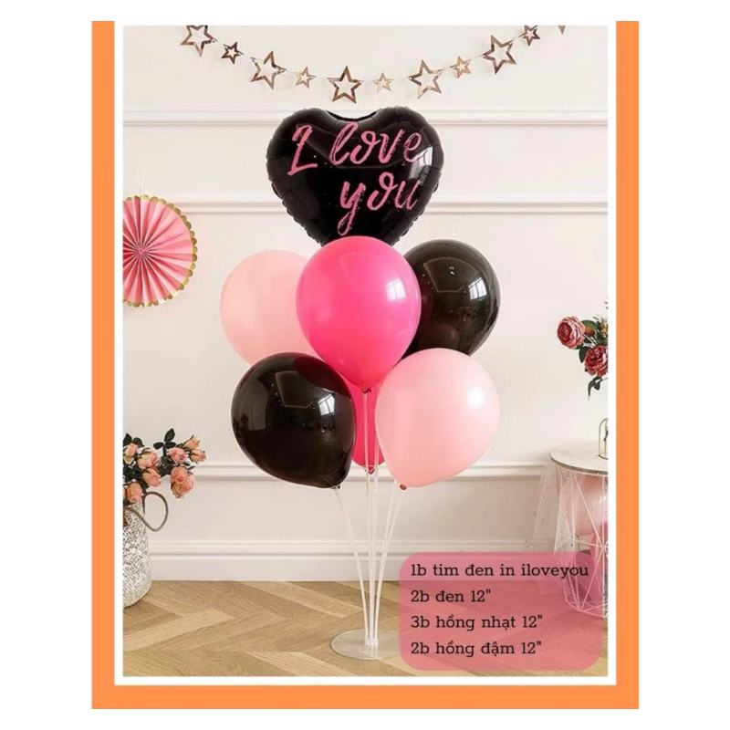 Bóng hình trái tim I Love You, happy birthday đen-hồng,bóng trái tim Black Pink trang trí sinh nhật