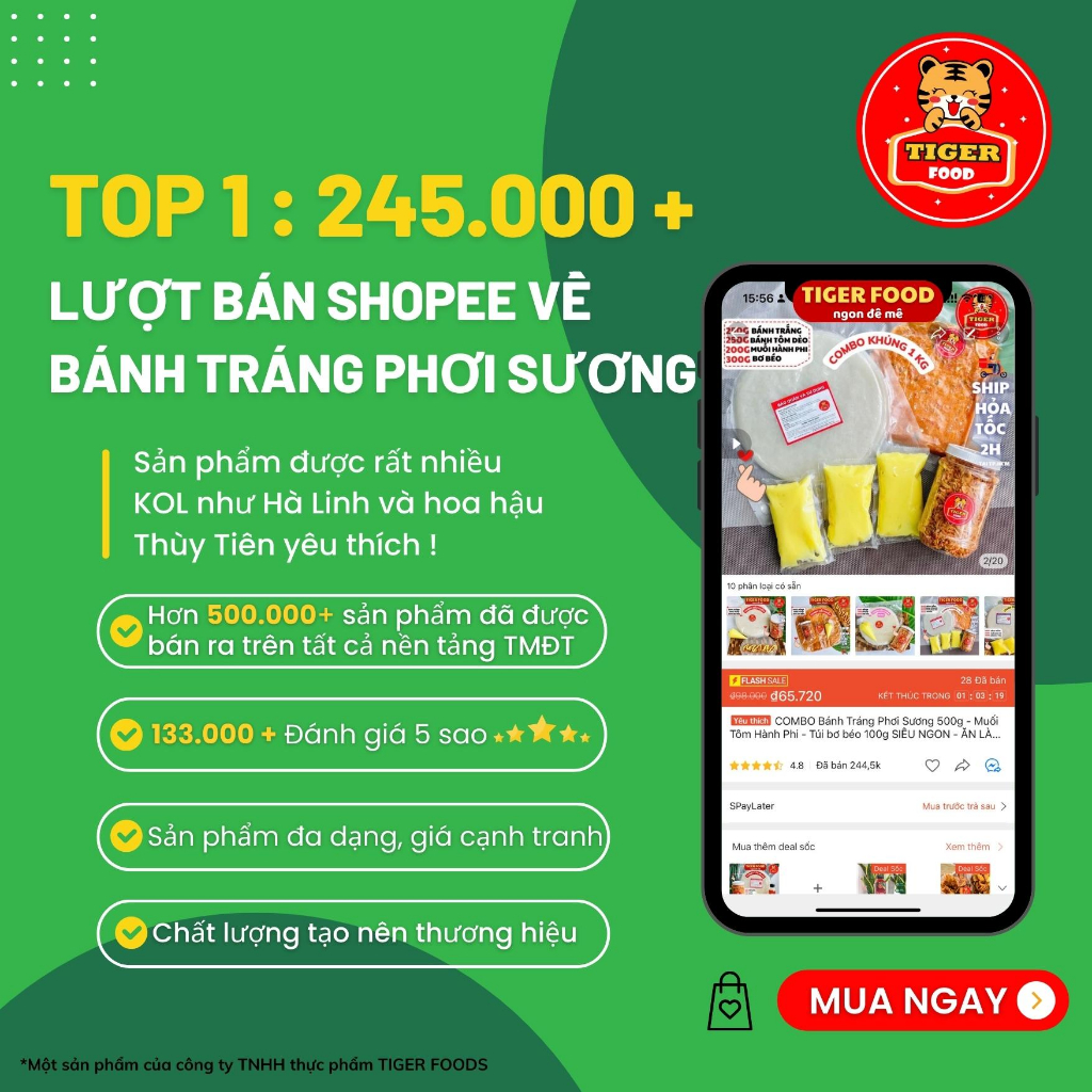 COMBO Bánh tráng phơi sương 1kg TIGER FOOD Bánh Tráng + Muối Tôm Hành Phi + Bơ béo + Tóp Mỡ + Sốt tắc FREESHIP Đồ ăn vặt