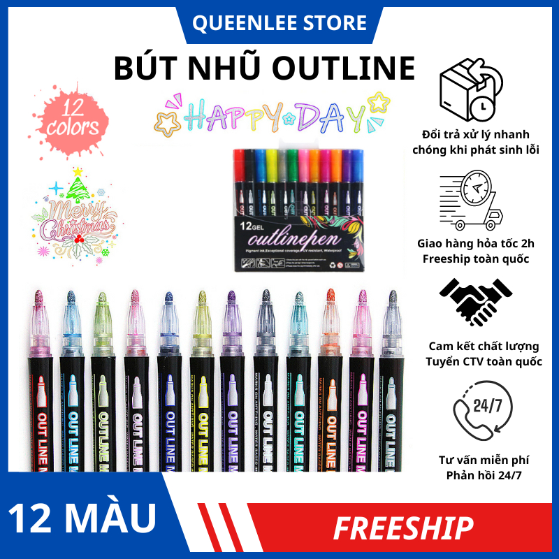Hộp 12 Bút Vẽ Trang Trí Outline Nhũ Bạc Không Xóa Được, Bền Màu, Màu Tươi Sáng Queen Lee Store