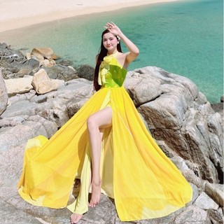 HOANGYEN Đầm maxi dài đi biển, du lịch cổ yếm loang màu hở lưng xẻ tà
