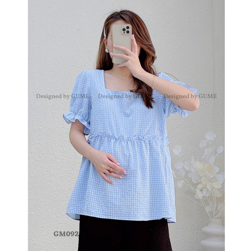 Áo bầu GUME Áo bầu xinh dáng babydoll công sở kẻ caro mặc mùa hè GM088 chất cotton thô thấm mồ hôi cực mát nhiều màu