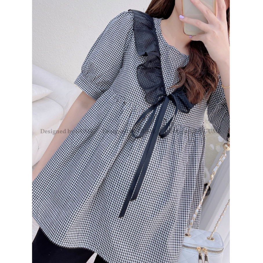 Áo bầu GUME Áo bầu xinh dáng babydoll công sở kẻ caro mặc mùa hè GM088 chất cotton thô thấm mồ hôi cực mát nhiều màu