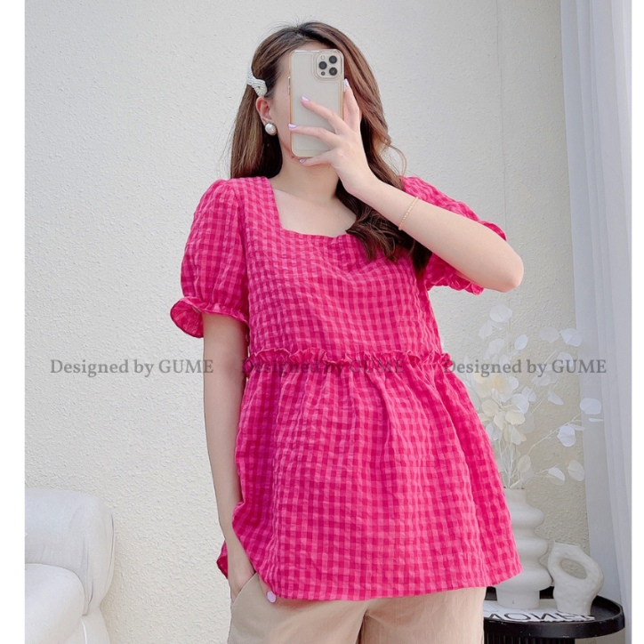 Áo bầu GUME Áo bầu xinh dáng babydoll công sở kẻ caro mặc mùa hè GM088 chất cotton thô thấm mồ hôi cực mát nhiều màu