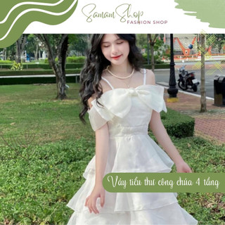 Váy tiểu thư công chúa phối nơ ngực đầm dự tiệc thiết kế 2 dây trễ vai có mút ngực KB1