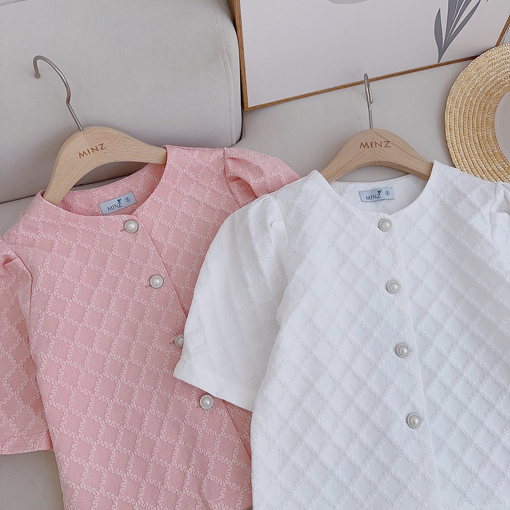 Áo Cổ Tròn Vai Bồng MINZ STORE Mã 1203, Thiết Kế 4 Khuy Ngọc