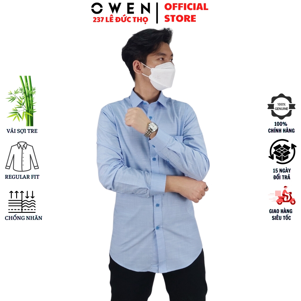 Áo sơ mi nam OWEN AR230011DT somi dài tay công sở slub xanh nhạt form regular fit tà lượn có túi chất sợi tre cao cấp