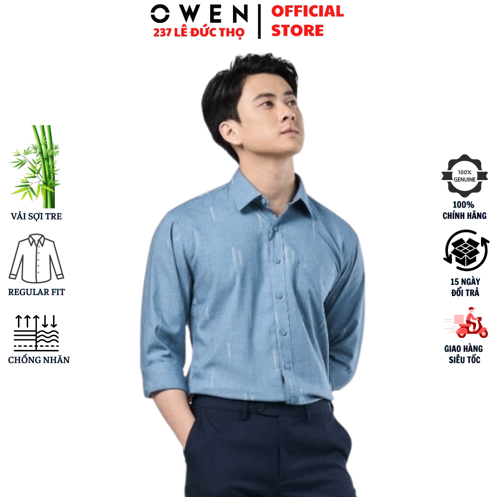 Áo sơ mi nam OWEN AR230257DT somi dài tay công sở xanh xám in họa tiết regular fit tà lượn có túi chất sợi tre cao cấp
