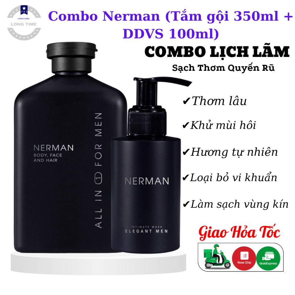 Combo sữa tắm nam 3in1 Nerman 350ml và dung dịch vệ sinh nam Nerman 100ml, hương nước hoa Pháp cao cấp