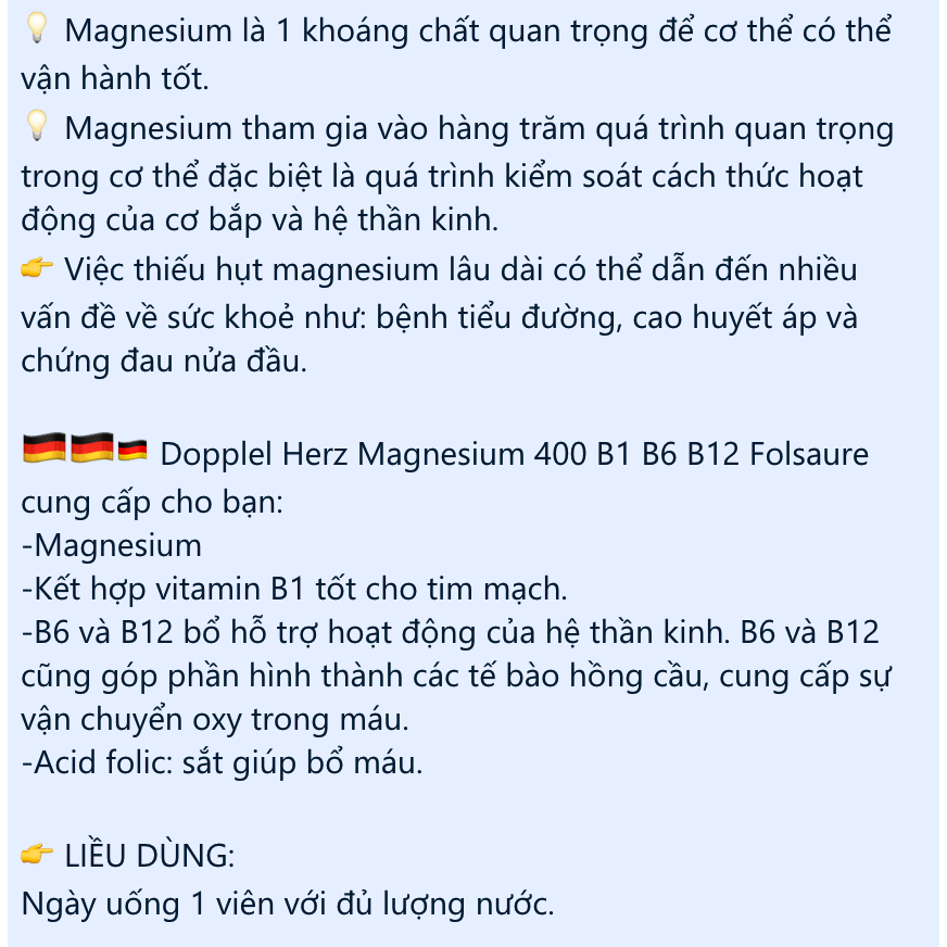 Viên bổ sung Magnesium Sắt Vitamin B1 30 viên nội địa Đức mẫu mới 2024