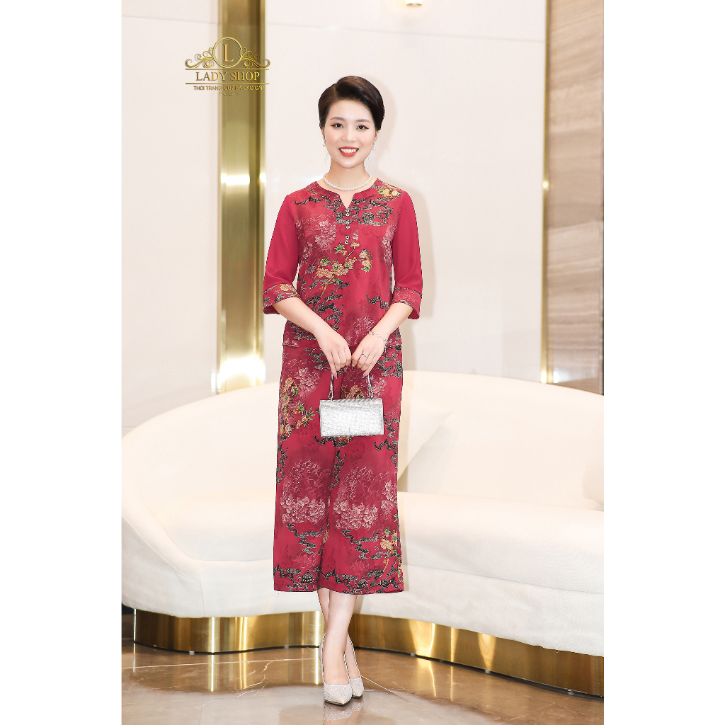 Bộ lụa nhật họa tiết mây tay voan Ladyshop thời trang trung niên cao cấp T205