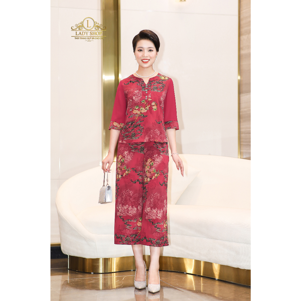 Bộ lụa nhật họa tiết mây tay voan Ladyshop thời trang trung niên cao cấp T205