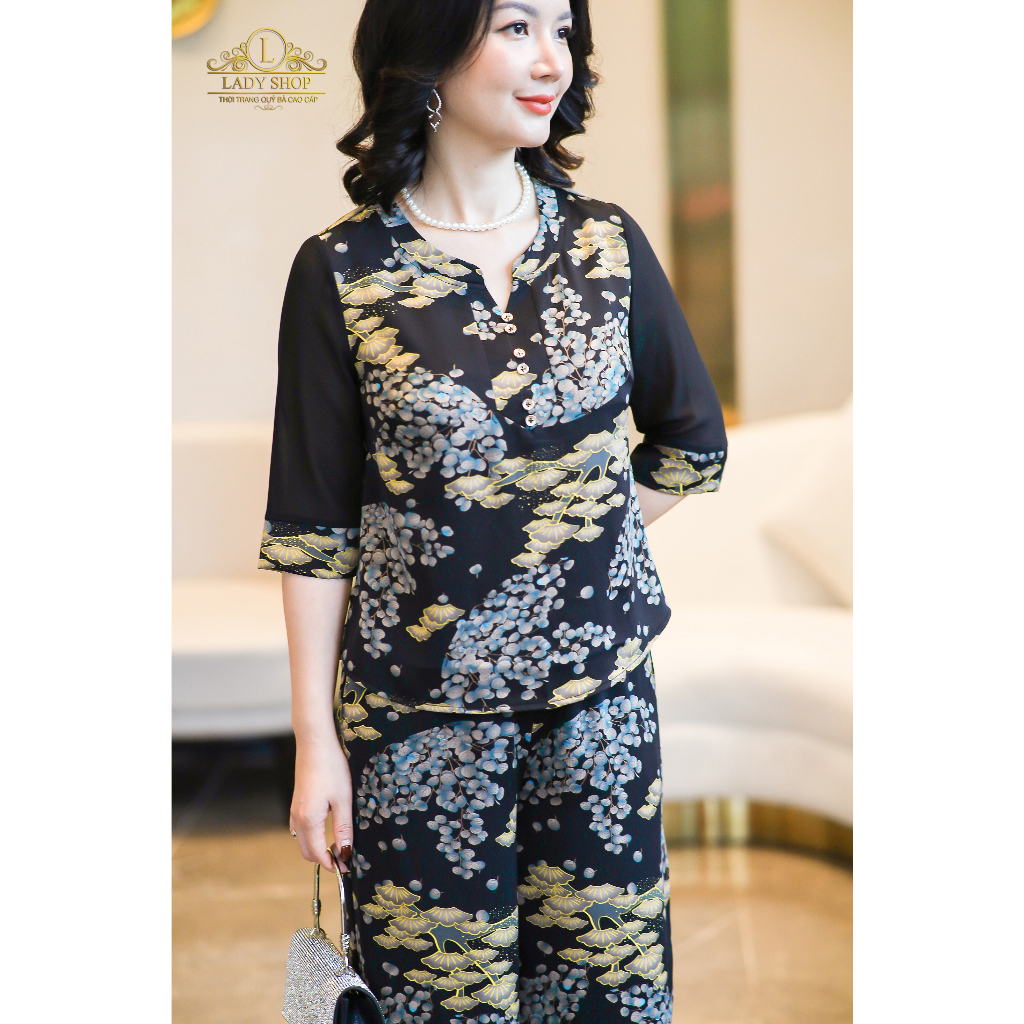 Bộ lụa nhật họa tiết mây tay voan Ladyshop thời trang trung niên cao cấp T205