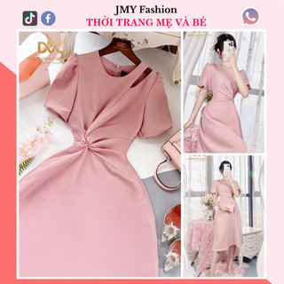 V4006 Váy đầm xòe be ánh hồng xoắn eo váy xòe tay bồng công sở