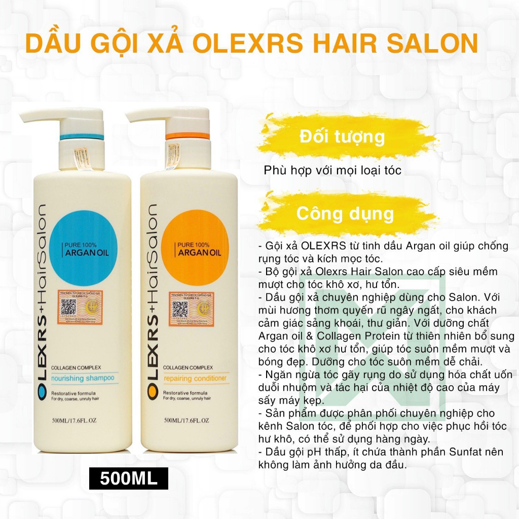 Dầu gội xả Olexrs Hair Salon 500ML, phục hồi, chống rụng kích mọc tóc