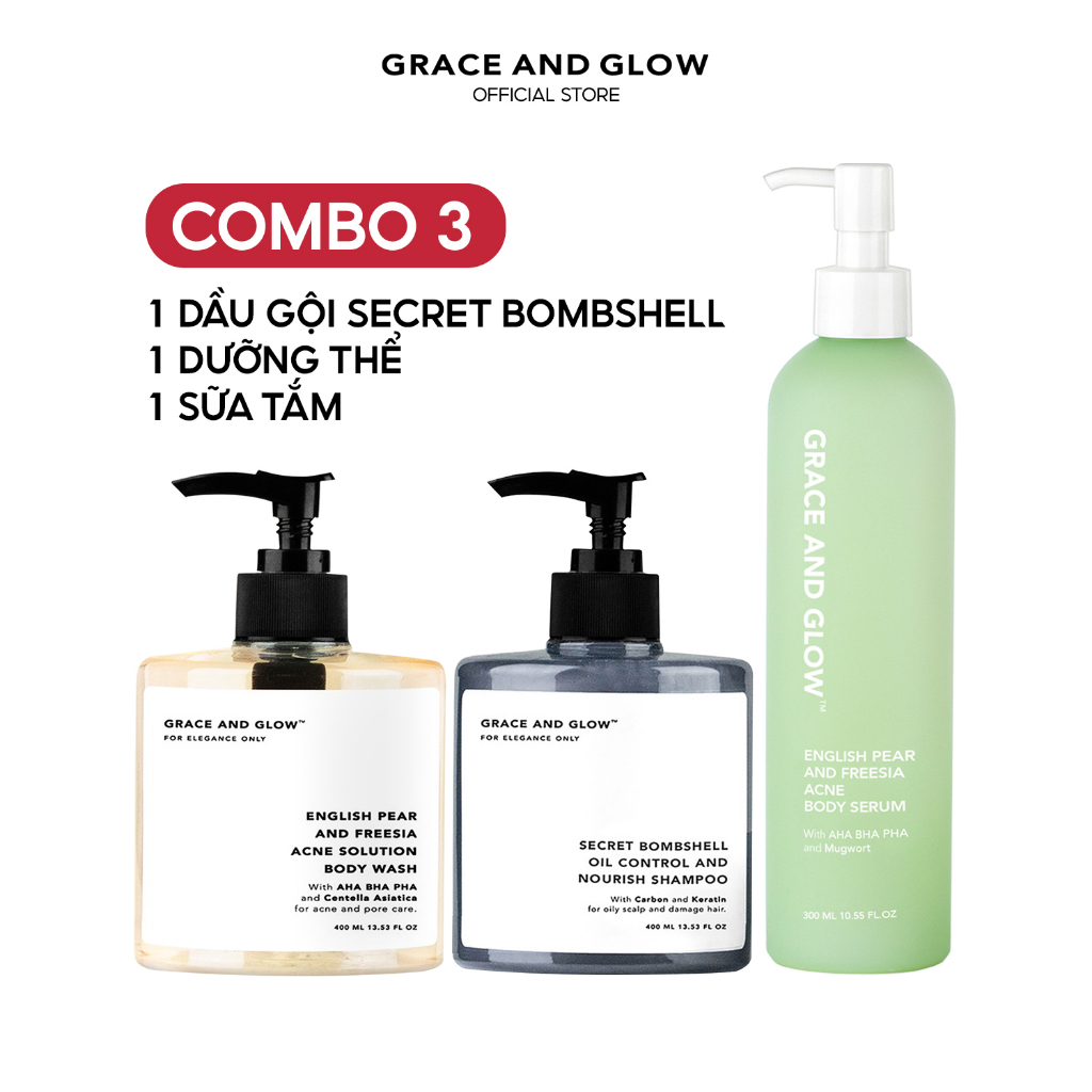 Combo 3in1 sữa tắm dưỡng thể và dầu gội kiềm dầu than tre GRACE AND GLOW 400ml + 300ml