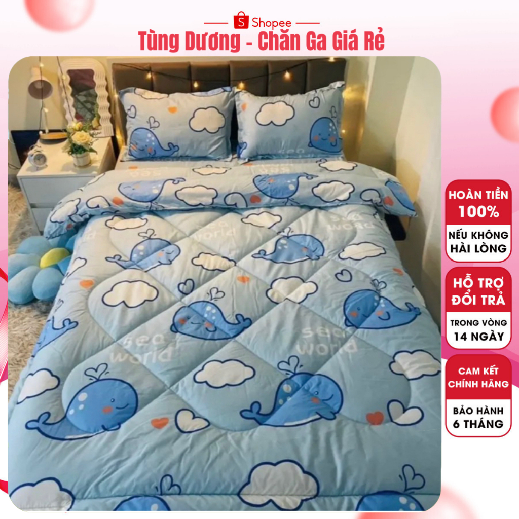 Bộ 5 Món Ga Gối Chăn Phao Poly Cotton Có Ruột Bông Dày Loại 1 - Mềm Mịn, Không Bai Xù, Thấm Mồ Hôi