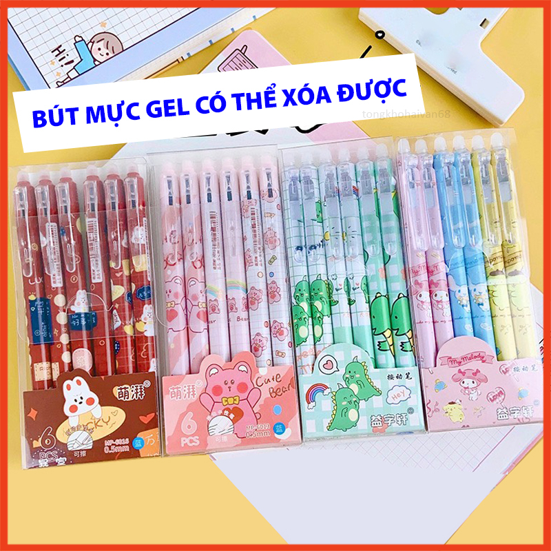 Bút Bi 6 Cây Bút Gel Xoá Được Dạng Bấm Ngòi 0,5mm , Nhiều Mẫu Cute Dễ Thương Mực Xanh, Mực Đen