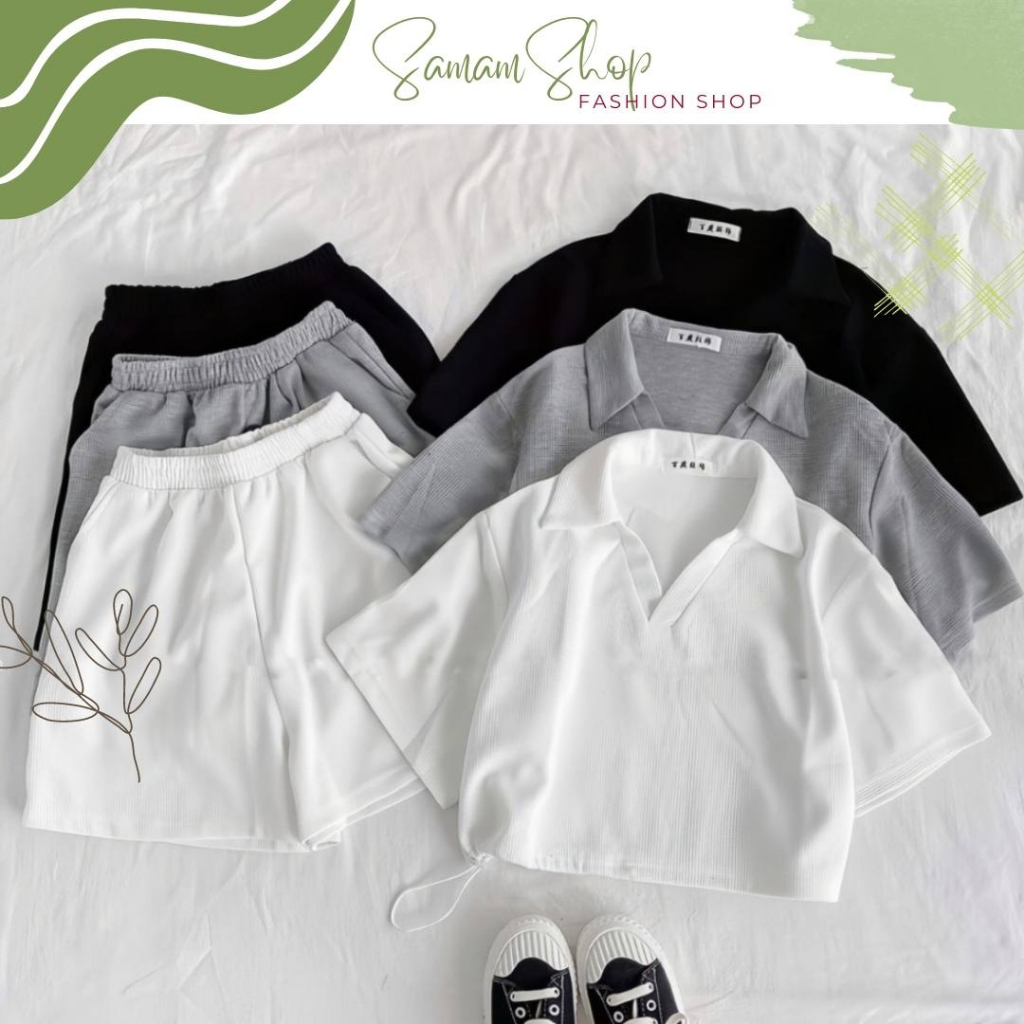 Set bộ áo Polo Croptop mix quần đùi chất tăm mát mẻ có dây điều chỉnh thắt eo siêu xinhPLO