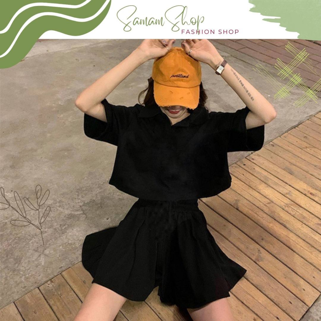 Set bộ áo Polo Croptop mix quần đùi chất tăm mát mẻ có dây điều chỉnh thắt eo siêu xinhPLO