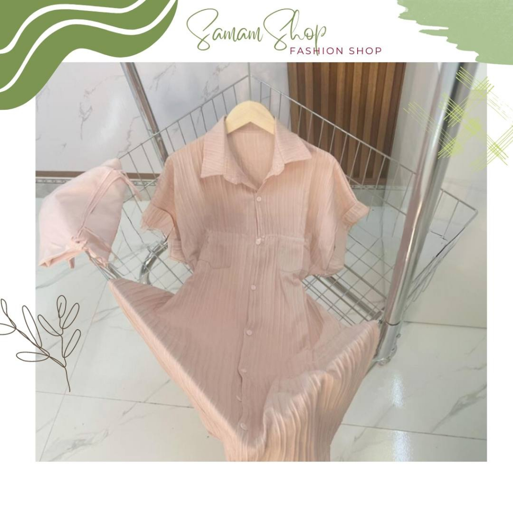 Set váy sơ mi kèm váy 2 dây váy sơ mi chất liệu đũi xốp dễ thươngVSM