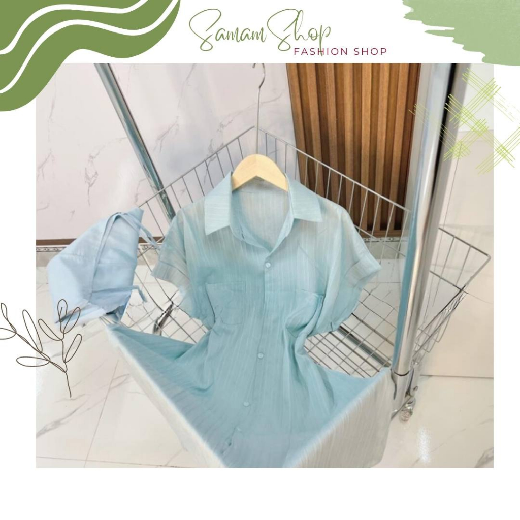 Set váy sơ mi kèm váy 2 dây váy sơ mi chất liệu đũi xốp dễ thươngVSM
