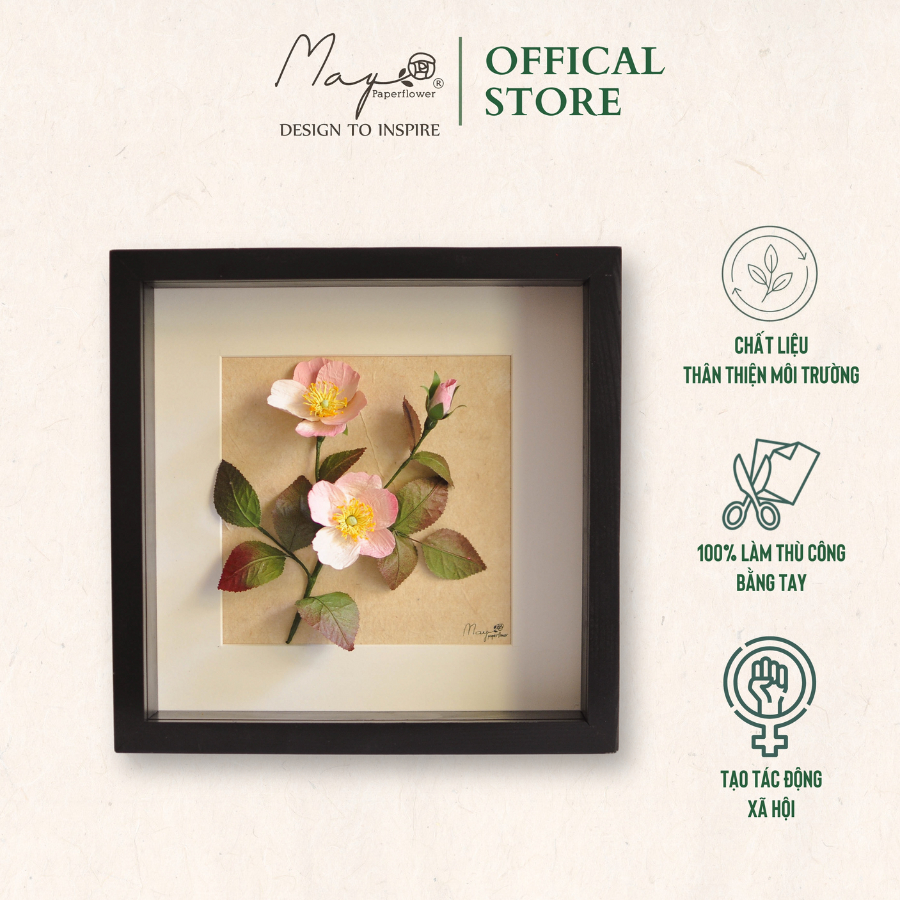 Tranh Hoa Giấy Handmade Trang Trí - Hoa Hồng Dại Kết Hợp Giấy Dó MAYPAPERFLOWER Khung Tranh Gỗ Size 25x25cm