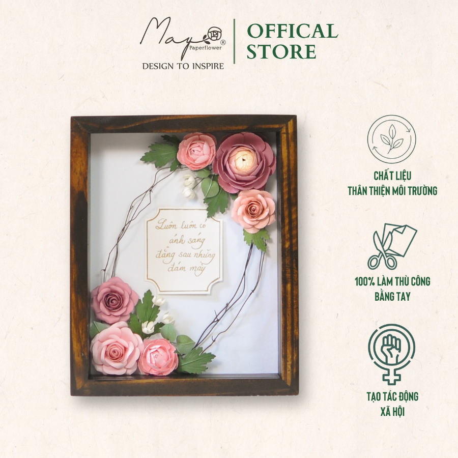 Tranh Hoa Giấy Handmade Trang Trí - The Pink Rose MAYPAPERFLOWER Khung Gỗ Size 20x25cm
