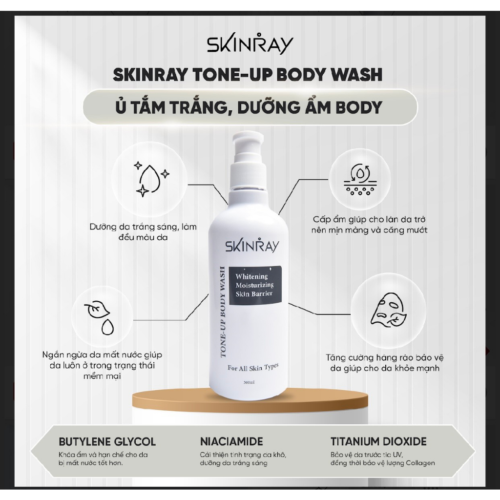 Tắm ủ trắng dưỡng trắng nâng tone da dưỡng ẩm da Skinray 300ml