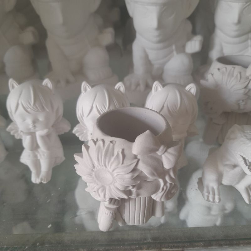 Tượng thạch cao chậu hoa hình cô gái dễ thương- Tặng kèm màu và cọ