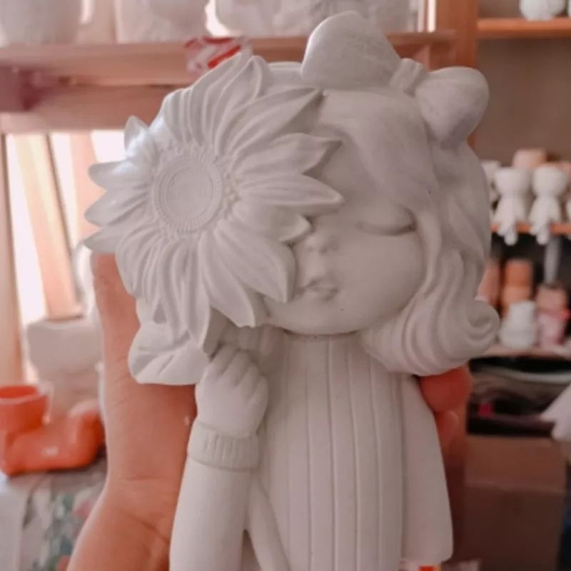 Tượng thạch cao chậu hoa hình cô gái dễ thương- Tặng màu và cọ