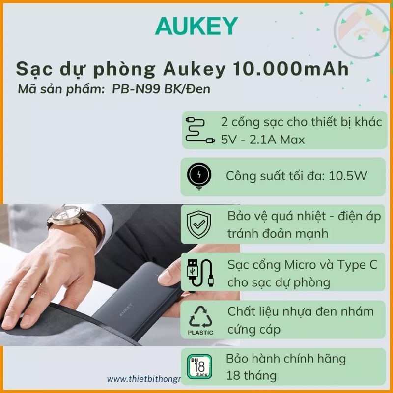 Pin sạc dự phòng Aukey Basix Slim PB-N99 10000mAh Like New