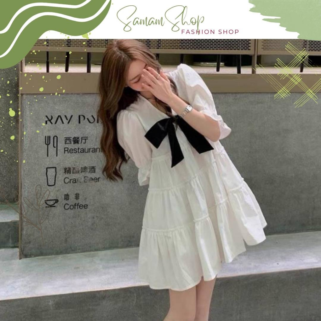 Váy babydoll dáng xoè cổ V phối nơ váy bánh bèo phong cách Hàn QuốcSK4