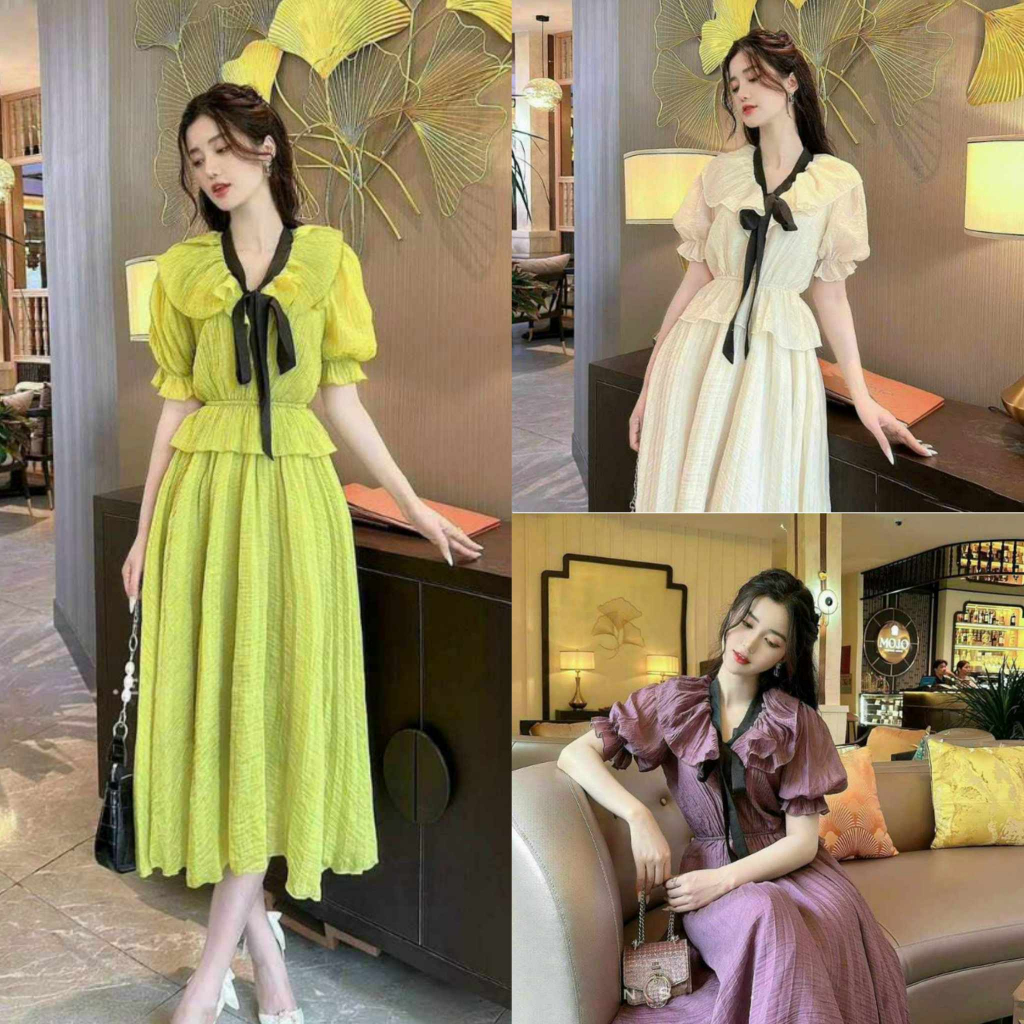 Đầm nữ cổ bèo tay phồng phối cổ cột nơ có lót sang trọng dự tiệc