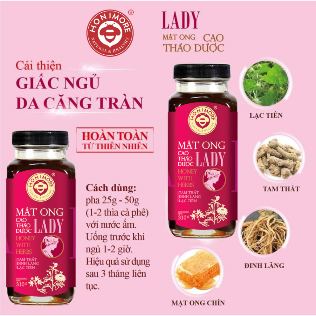 Combo Mật ong cao thảo dược Lady Honimore 310g/chai tặng 1 Chai mật ong nguyên chất Honimore 360g/chai