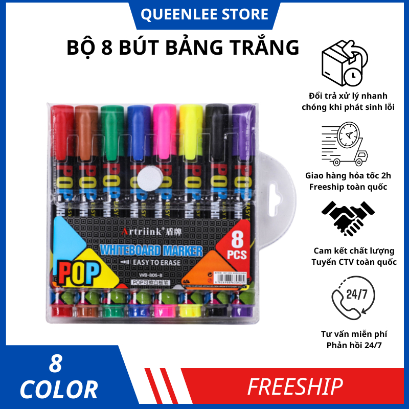 Bộ 8 Bút Bảng Trắng Xóa Dễ Dàng Nét 2mm QUEENLEE STORE