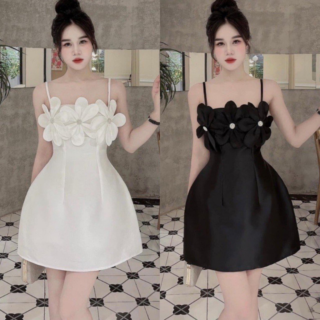 Đầm Váy Thời Trang Nữ Midi 2 Dây Có Đính Hoa Phía Trước Xịn sò