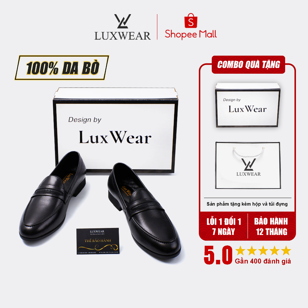 Giày lười nam da bò cao cấp đế khâu LuxWear Penny Loafers màu đen bảo hành 12 tháng GD01